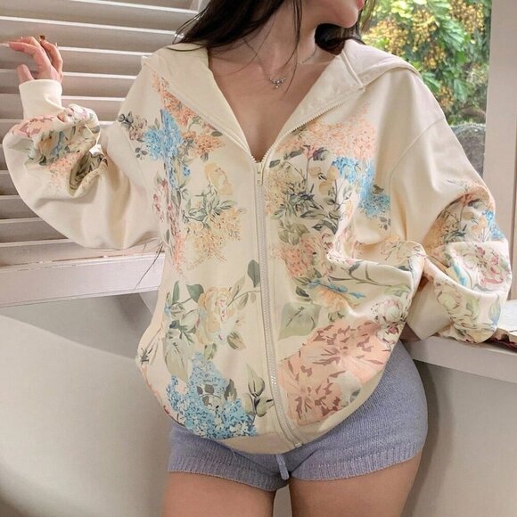 Pink Casual Women's Ditsy Floral Hoodie Sweatshirt - Picture 6 of 9